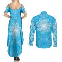 New Zealand Matariki Waiti Couples Matching Summer Maxi Dress and Long Sleeve Button Shirt Maori Moko Cyan Galaxy