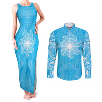 New Zealand Matariki Waiti Couples Matching Tank Maxi Dress and Long Sleeve Button Shirt Maori Moko Cyan Galaxy LT05 Cyan - Polynesian Pride