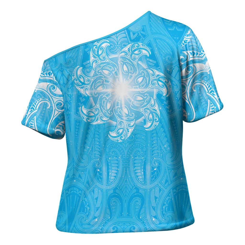 New Zealand Matariki Waiti Cross Shoulder Shirt Maori Moko Cyan Galaxy