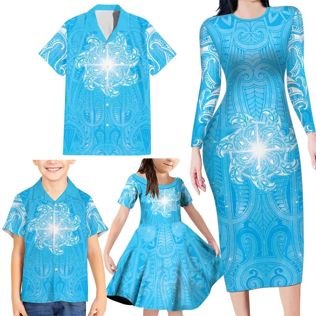 New Zealand Matariki Waiti Family Matching Long Sleeve Bodycon Dress and Hawaiian Shirt Maori Moko Cyan Galaxy LT05 - Polynesian Pride