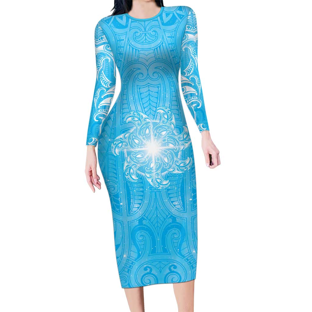 New Zealand Matariki Waiti Family Matching Long Sleeve Bodycon Dress and Hawaiian Shirt Maori Moko Cyan Galaxy LT05 Mom's Dress Cyan - Polynesian Pride
