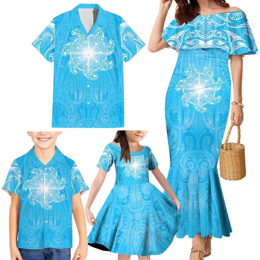 New Zealand Matariki Waiti Family Matching Mermaid Dress and Hawaiian Shirt Maori Moko Cyan Galaxy LT05 - Polynesian Pride