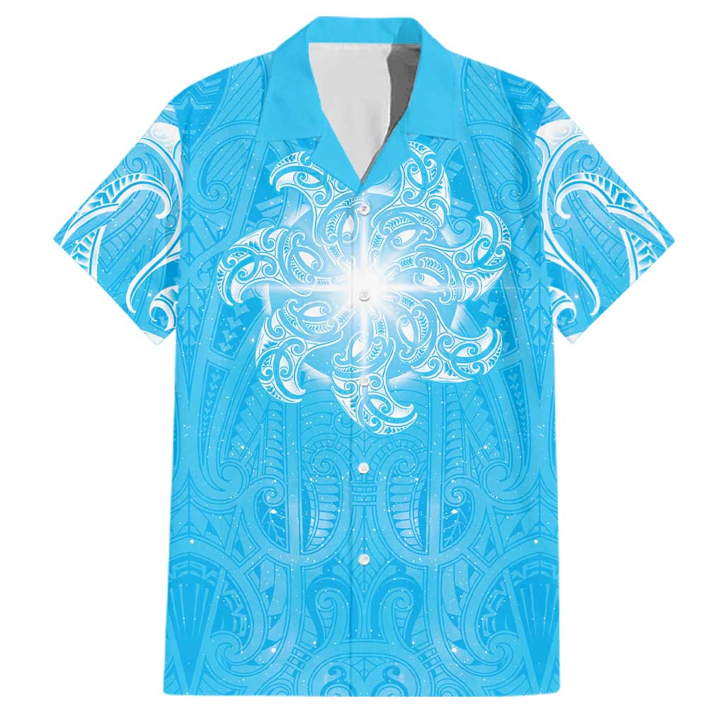 New Zealand Matariki Waiti Family Matching Mermaid Dress and Hawaiian Shirt Maori Moko Cyan Galaxy LT05 Dad's Shirt - Short Sleeve Cyan - Polynesian Pride
