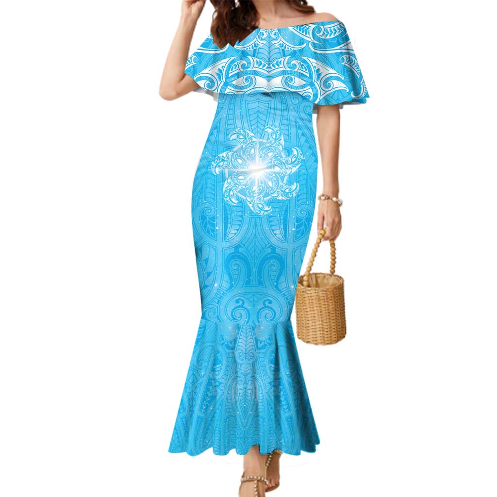 New Zealand Matariki Waiti Family Matching Mermaid Dress and Hawaiian Shirt Maori Moko Cyan Galaxy LT05 Mom's Dress Cyan - Polynesian Pride