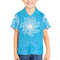 New Zealand Matariki Waiti Family Matching Off The Shoulder Long Sleeve Dress and Hawaiian Shirt Maori Moko Cyan Galaxy LT05 Son's Shirt Cyan - Polynesian Pride