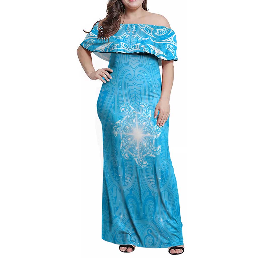 New Zealand Matariki Waiti Family Matching Off Shoulder Maxi Dress and Hawaiian Shirt Maori Moko Cyan Galaxy LT05 Mom's Dress Cyan - Polynesian Pride