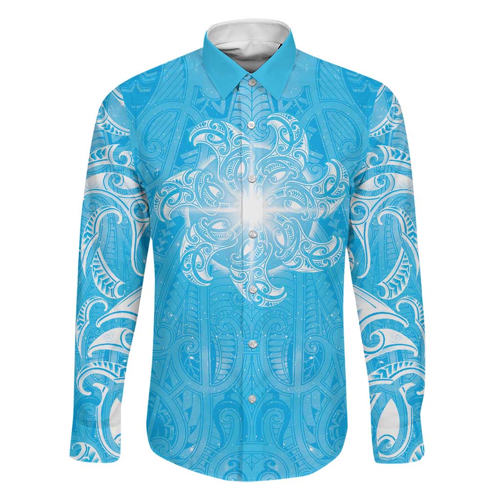 New Zealand Matariki Waiti Family Matching Puletasi and Hawaiian Shirt Maori Moko Cyan Galaxy LT05 Dad's Shirt - Long Sleeve Cyan - Polynesian Pride