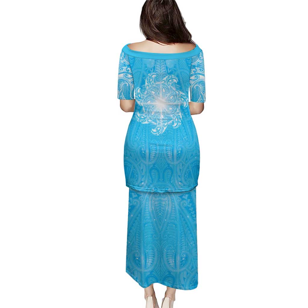 New Zealand Matariki Waiti Family Matching Puletasi and Hawaiian Shirt Maori Moko Cyan Galaxy LT05 - Polynesian Pride