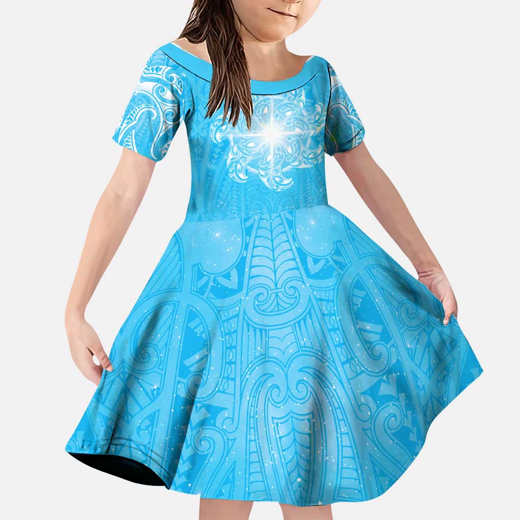 New Zealand Matariki Waiti Family Matching Short Sleeve Bodycon Dress and Hawaiian Shirt Maori Moko Cyan Galaxy LT05 Daughter's Dress Cyan - Polynesian Pride