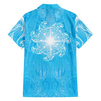 New Zealand Matariki Waiti Family Matching Short Sleeve Bodycon Dress and Hawaiian Shirt Maori Moko Cyan Galaxy LT05 - Polynesian Pride