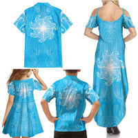 New Zealand Matariki Waiti Family Matching Summer Maxi Dress and Hawaiian Shirt Maori Moko Cyan Galaxy LT05 - Polynesian Pride