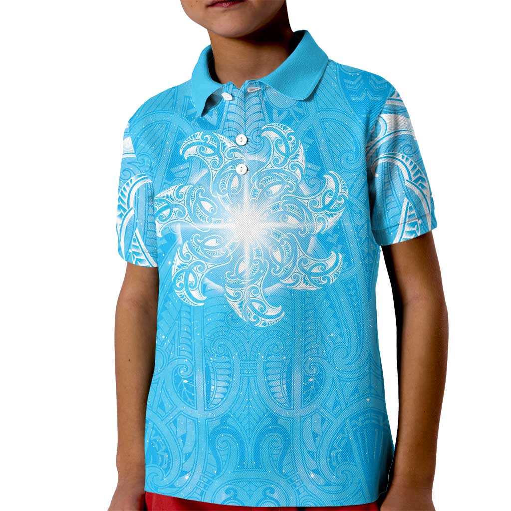 New Zealand Matariki Waiti Kid Polo Shirt Maori Moko Cyan Galaxy