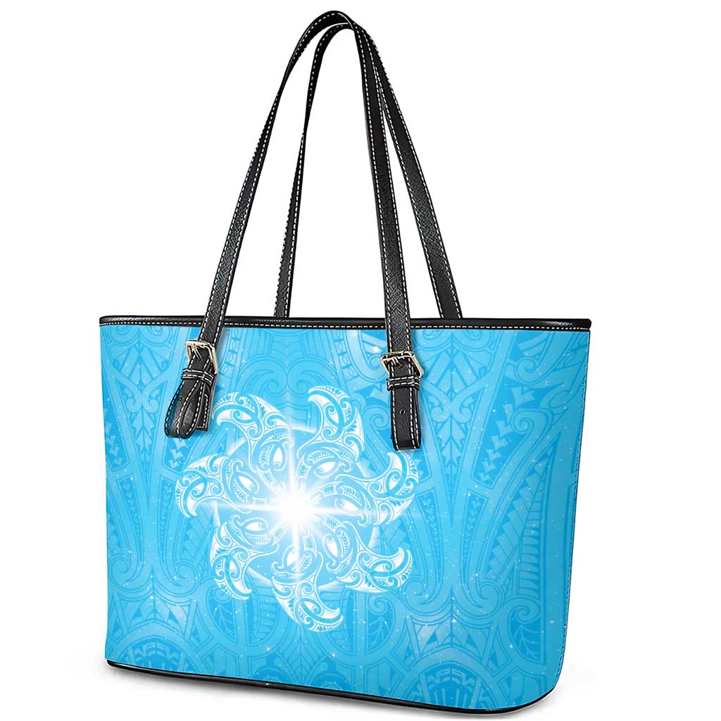 New Zealand Matariki Waiti Leather Tote Bag Maori Moko Cyan Galaxy