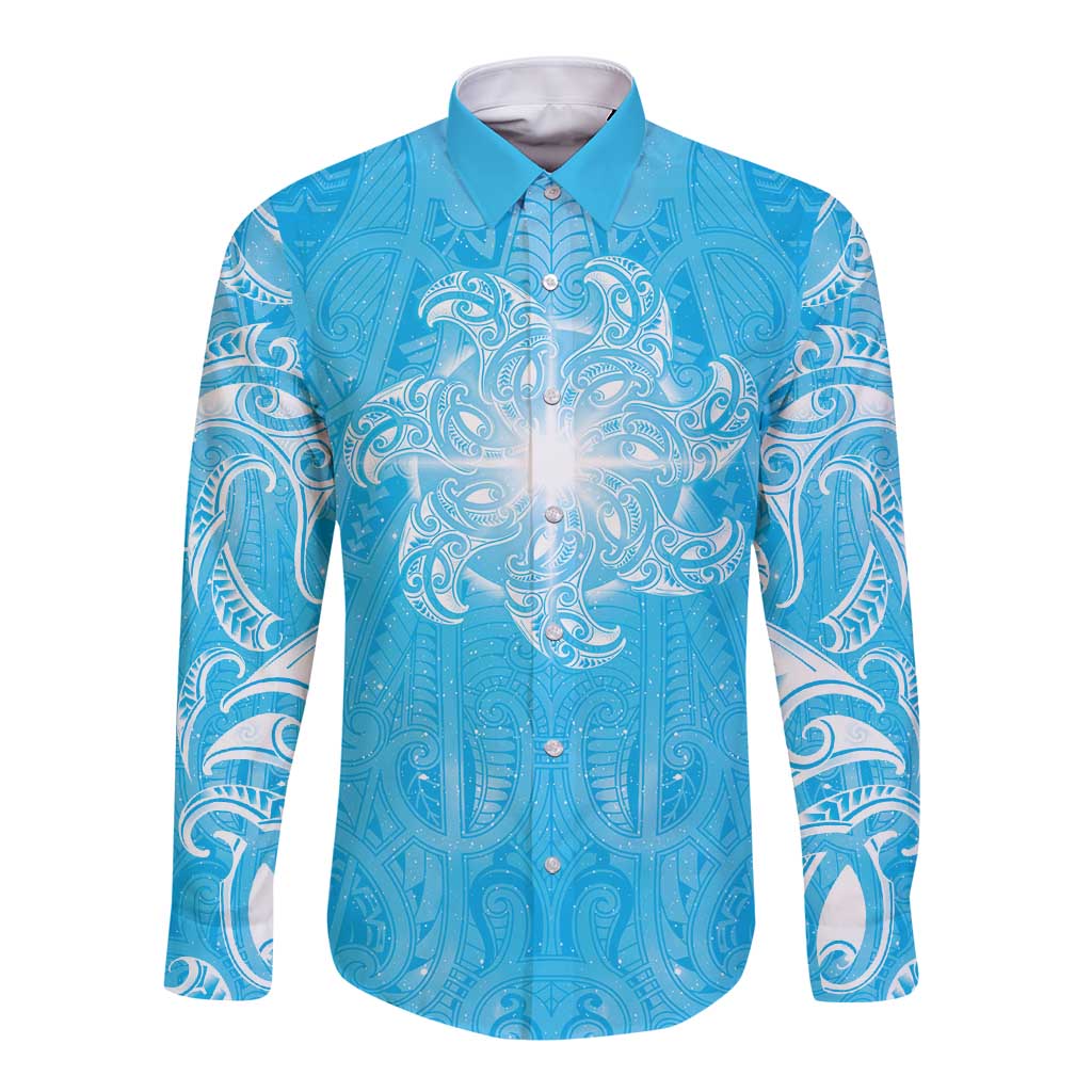 New Zealand Matariki Waiti Long Sleeve Button Shirt Maori Moko Cyan Galaxy
