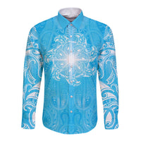 New Zealand Matariki Waiti Long Sleeve Button Shirt Maori Moko Cyan Galaxy