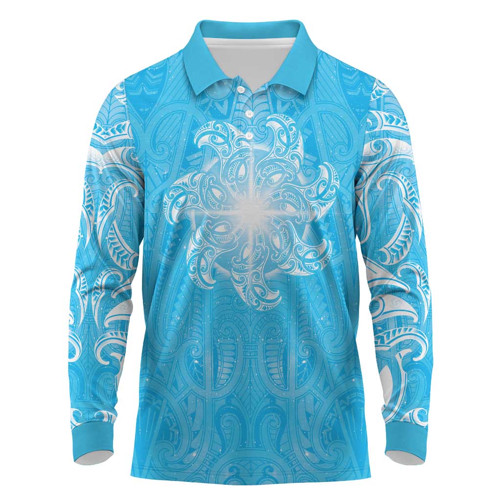 New Zealand Matariki Waiti Long Sleeve Polo Shirt Maori Moko Cyan Galaxy