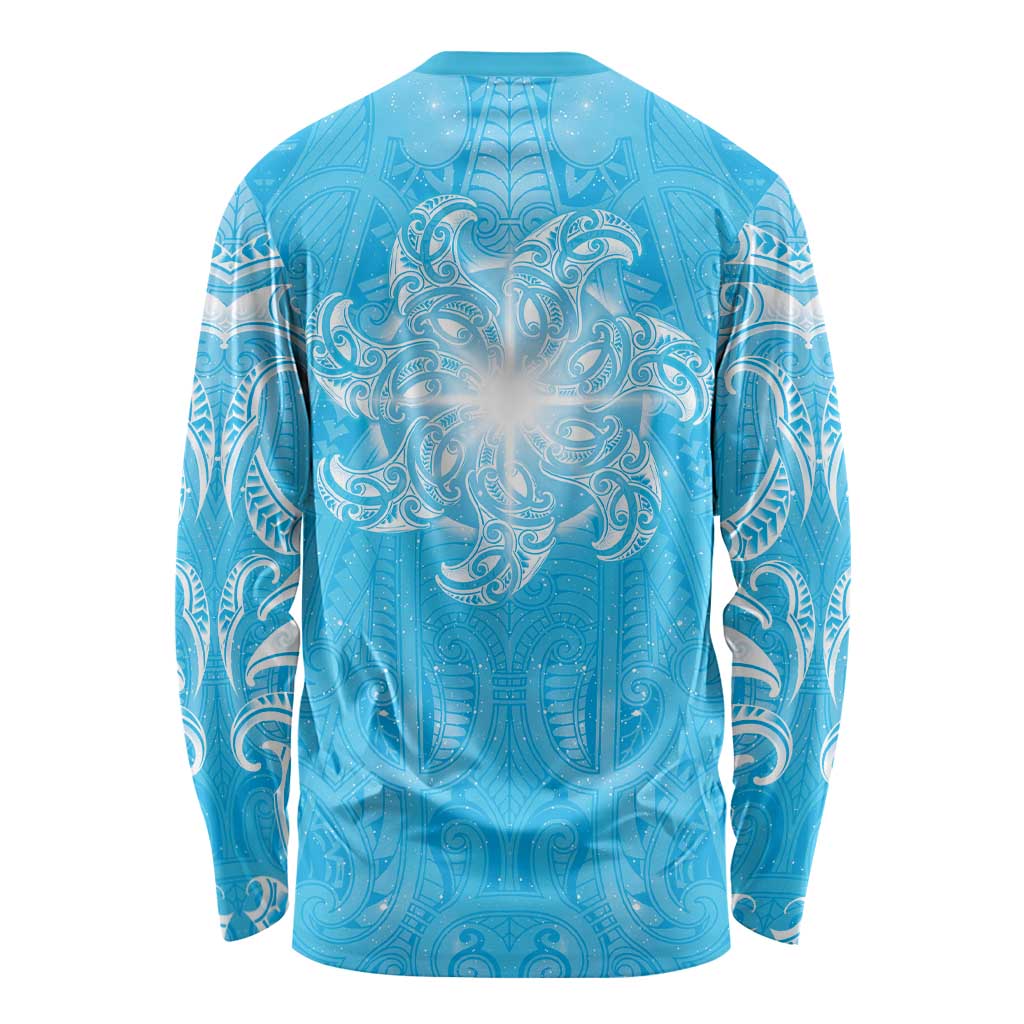 New Zealand Matariki Waiti Long Sleeve Shirt Maori Moko Cyan Galaxy