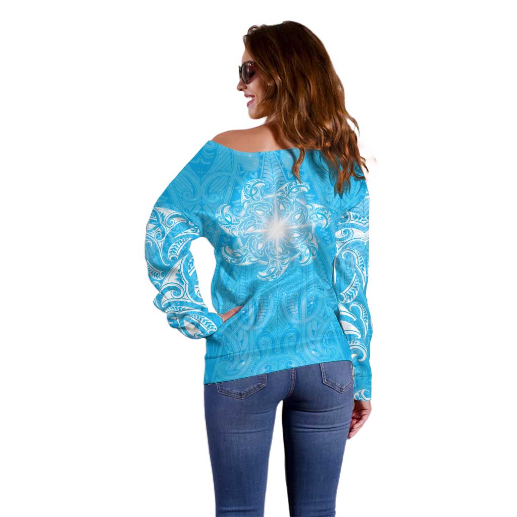 New Zealand Matariki Waiti Off Shoulder Sweater Maori Moko Cyan Galaxy