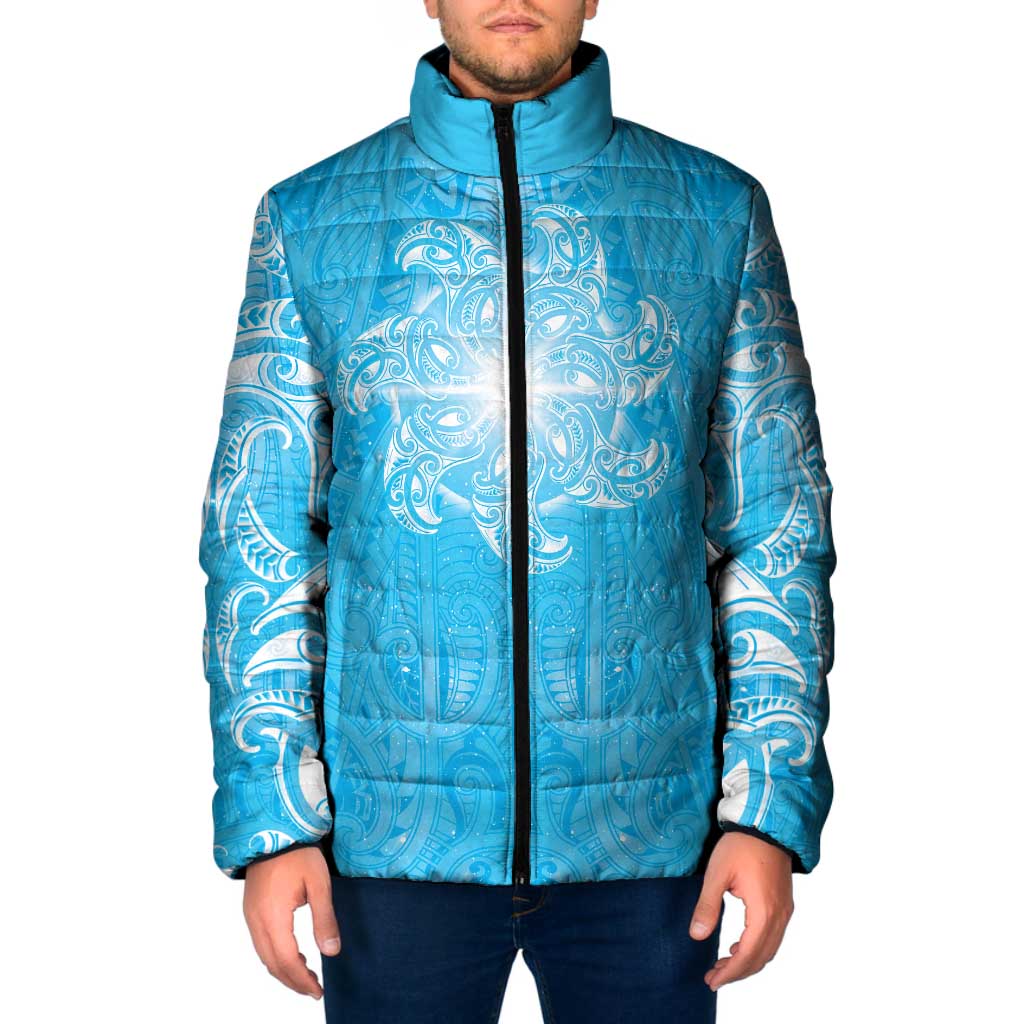 New Zealand Matariki Waiti Padded Jacket Maori Moko Cyan Galaxy