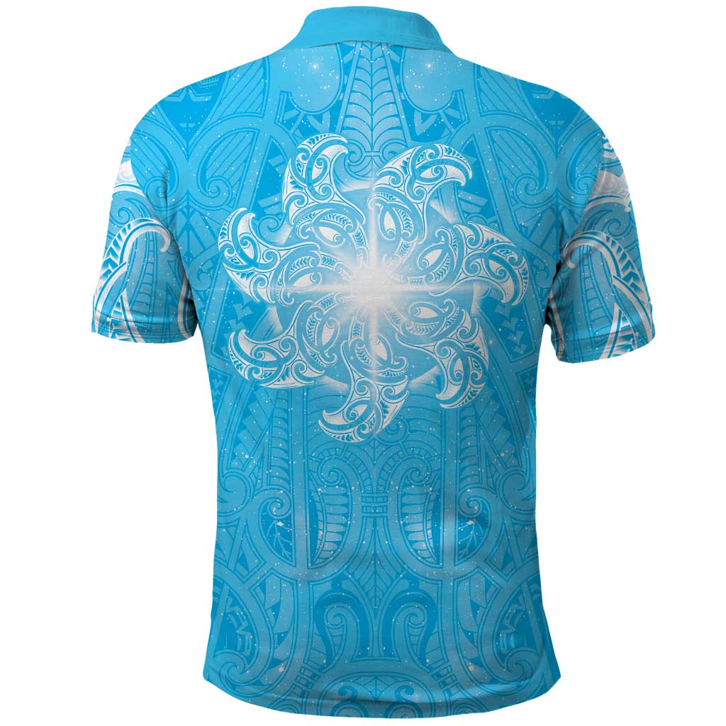 New Zealand Matariki Waiti Polo Shirt Maori Moko Cyan Galaxy