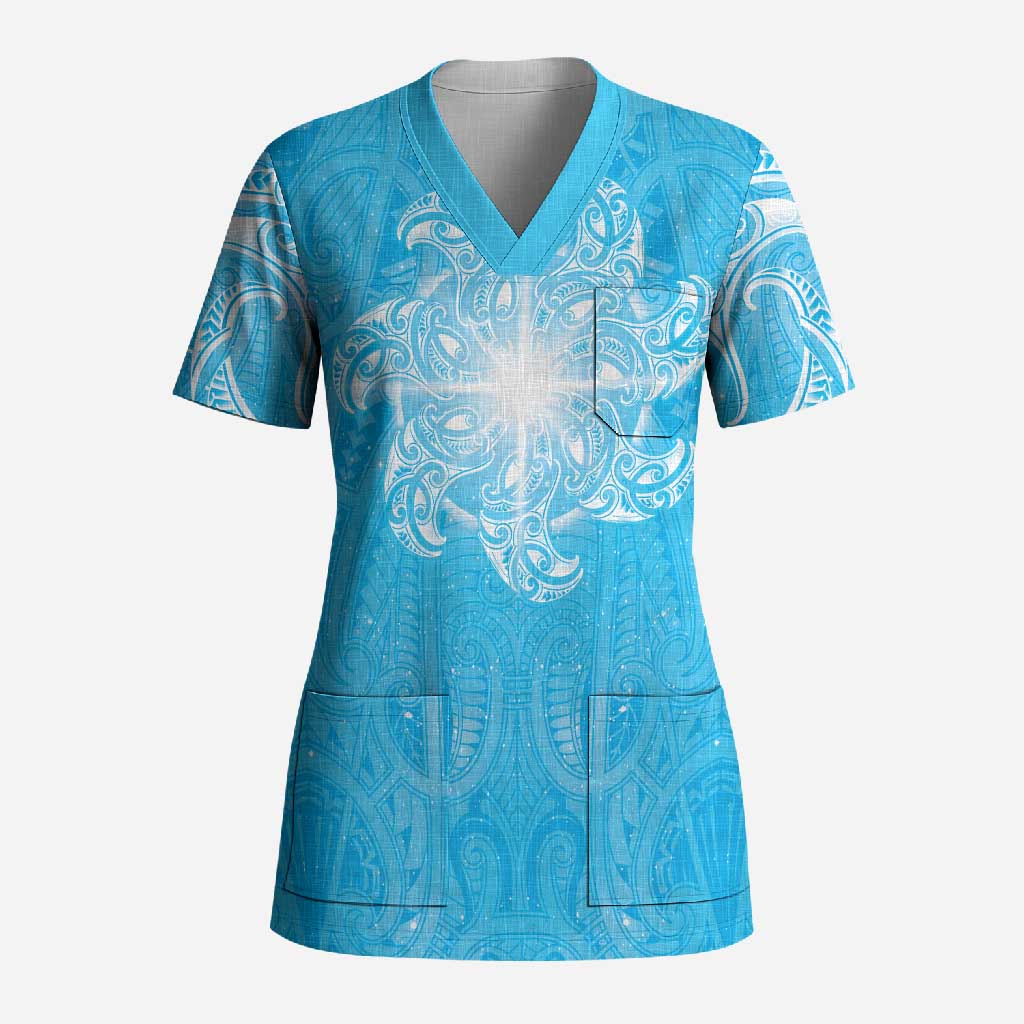 New Zealand Matariki Waiti Scrub Top Maori Moko Cyan Galaxy