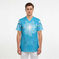 New Zealand Matariki Waiti Scrub Top Maori Moko Cyan Galaxy