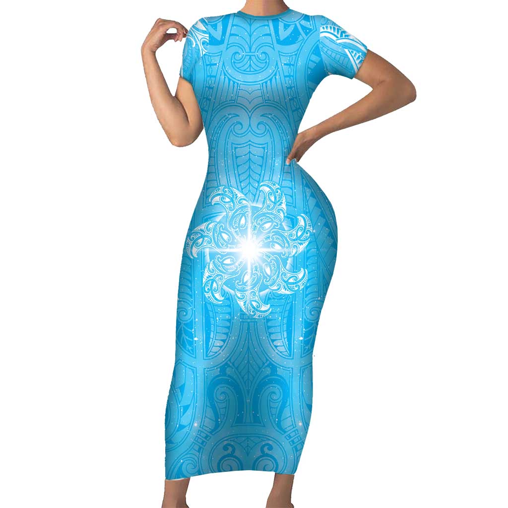 New Zealand Matariki Waiti Short Sleeve Bodycon Dress Maori Moko Cyan Galaxy
