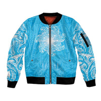 New Zealand Matariki Waiti Sleeve Zip Bomber Jacket Maori Moko Cyan Galaxy