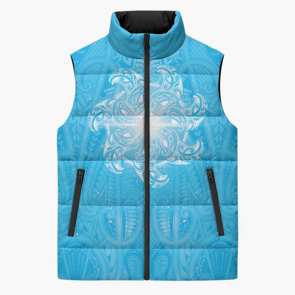 New Zealand Matariki Waiti Sleeveless Puffer Jacket Maori Moko Cyan Galaxy