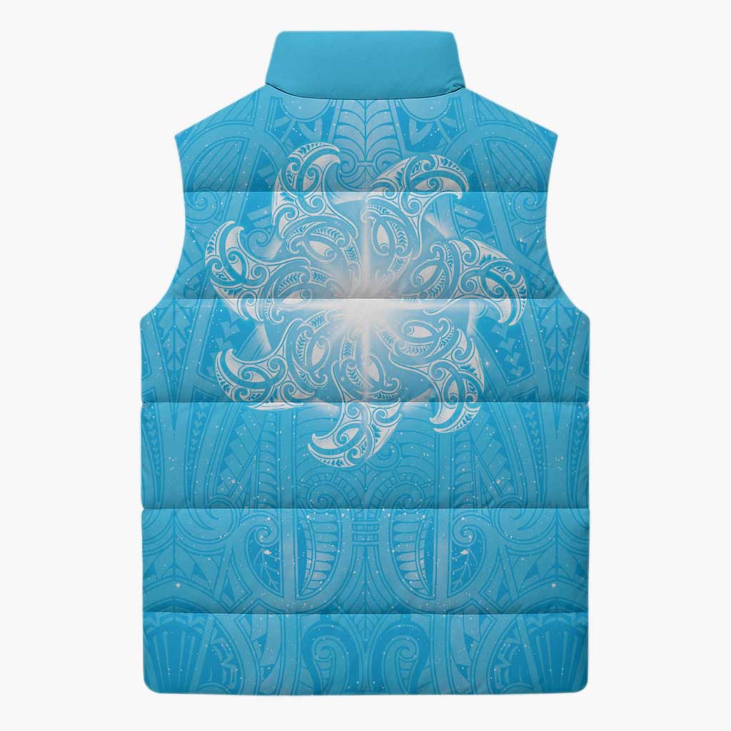 New Zealand Matariki Waiti Sleeveless Puffer Jacket Maori Moko Cyan Galaxy