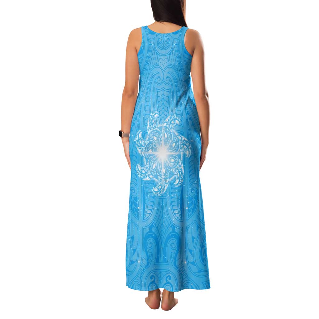 New Zealand Matariki Waiti Tank Maxi Dress Maori Moko Cyan Galaxy