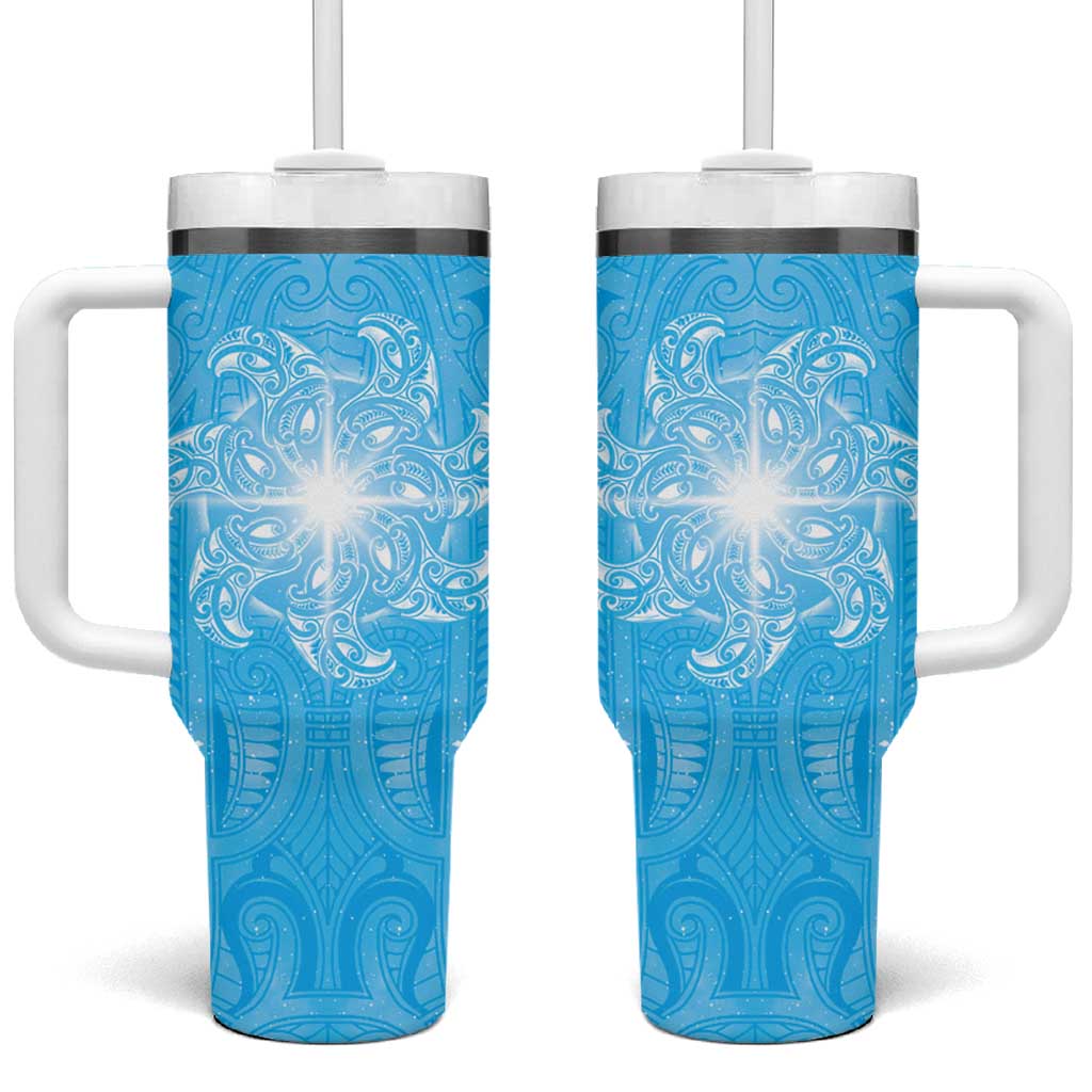 New Zealand Matariki Waiti Tumbler With Handle Maori Moko Cyan Galaxy