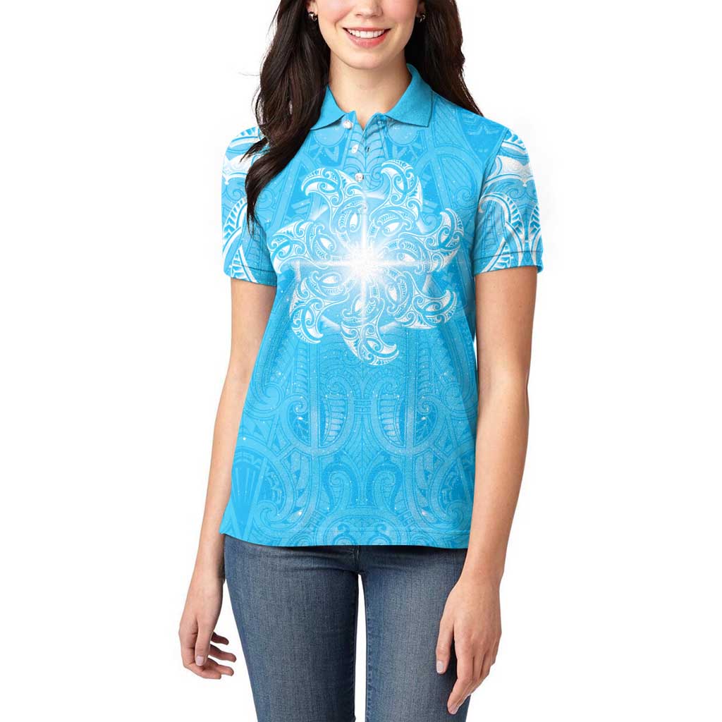 New Zealand Matariki Waiti Women Polo Shirt Maori Moko Cyan Galaxy