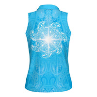New Zealand Matariki Waiti Women Sleeveless Polo Shirt Maori Moko Cyan Galaxy LT05 - Polynesian Pride