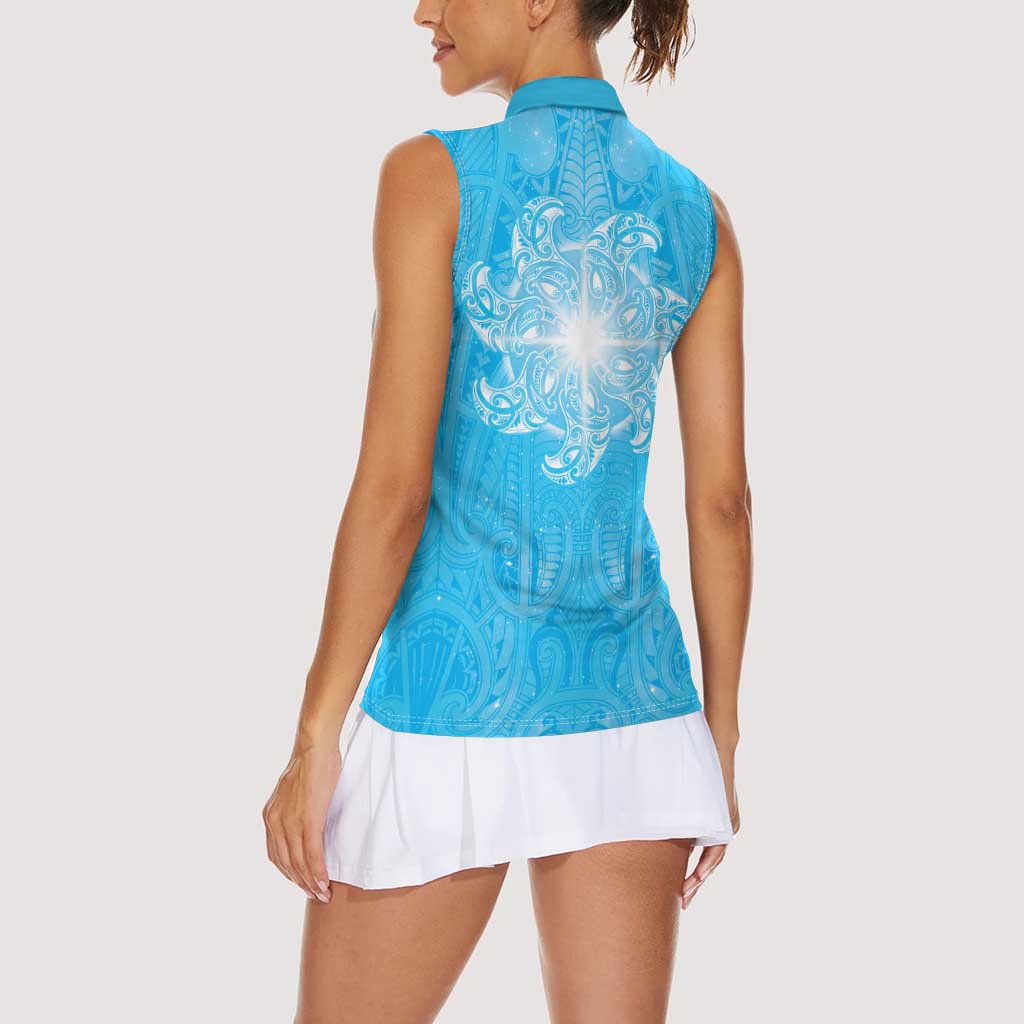 New Zealand Matariki Waiti Women Sleeveless Polo Shirt Maori Moko Cyan Galaxy LT05 - Polynesian Pride
