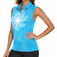 New Zealand Matariki Waiti Women Sleeveless Polo Shirt Maori Moko Cyan Galaxy LT05 - Polynesian Pride