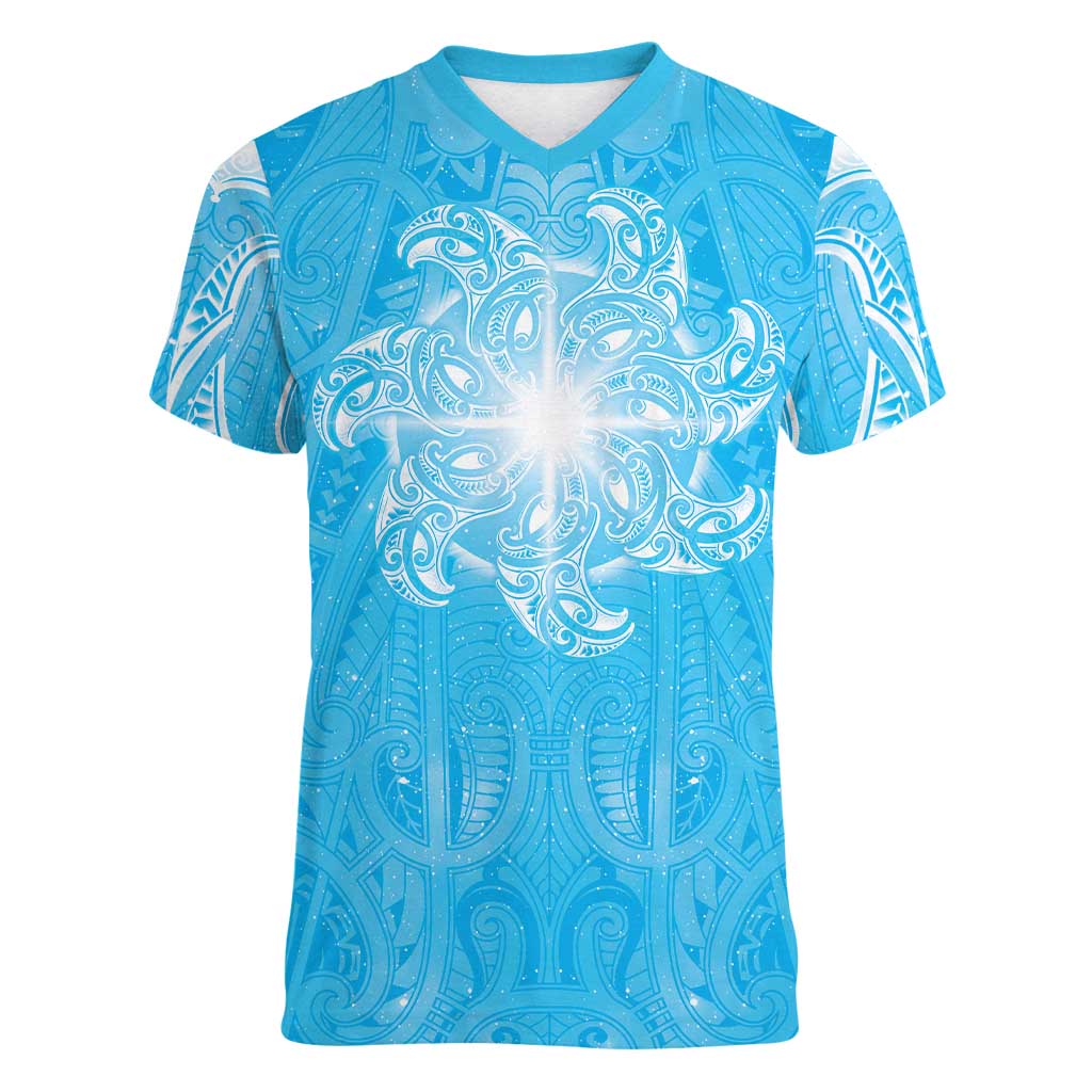 New Zealand Matariki Waiti Women V-Neck T-Shirt Maori Moko Cyan Galaxy LT05 Female Cyan - Polynesian Pride