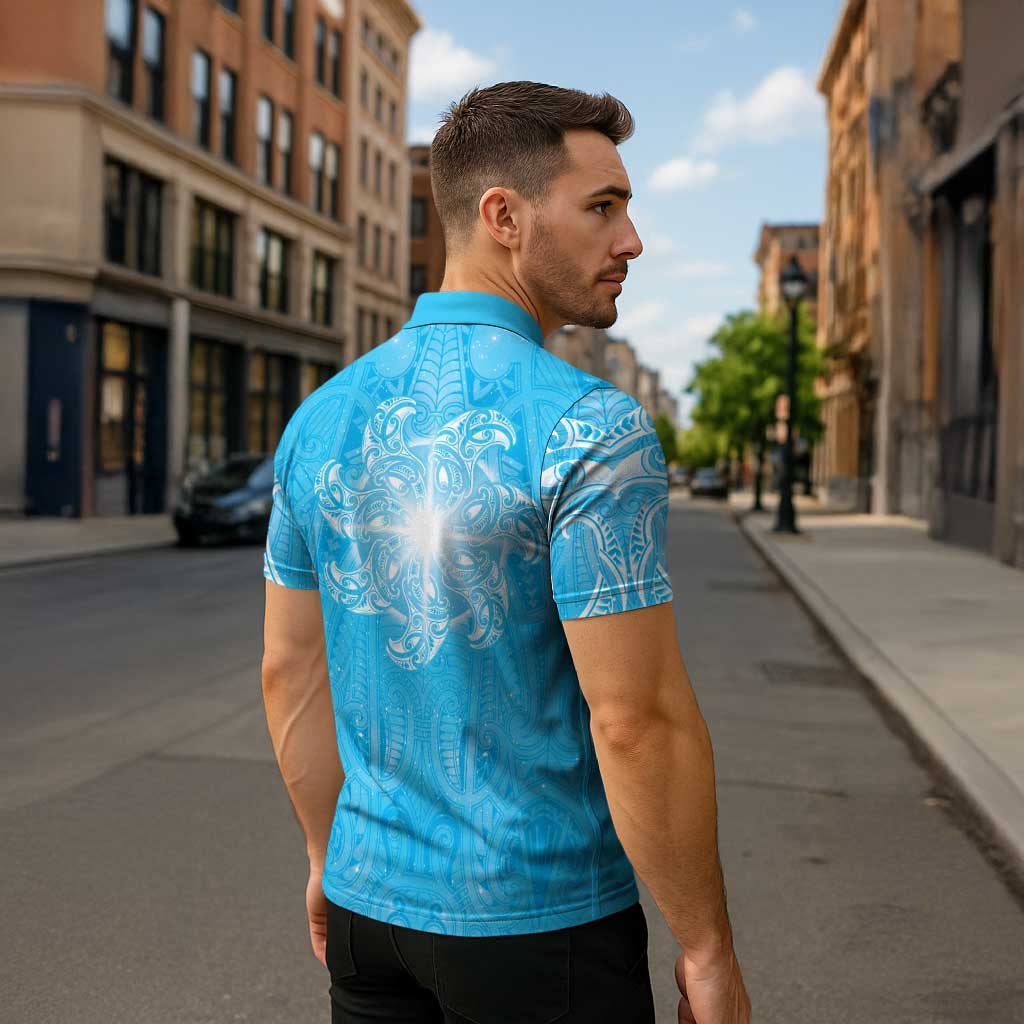 New Zealand Matariki Waiti Zipper Polo Shirt Maori Moko Cyan Galaxy
