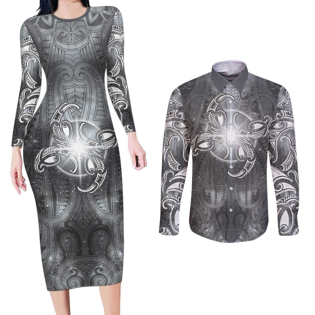 New Zealand Matariki Ururangi Couples Matching Long Sleeve Bodycon Dress and Long Sleeve Button Shirt Maori Moko Grey Galaxy LT05 Grey - Polynesian Pride