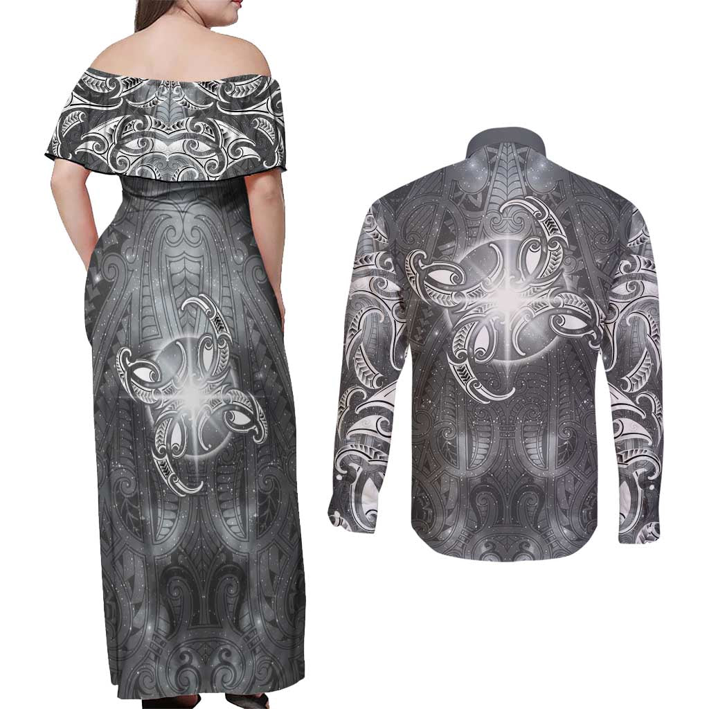 New Zealand Matariki Ururangi Couples Matching Off Shoulder Maxi Dress and Long Sleeve Button Shirt Maori Moko Grey Galaxy