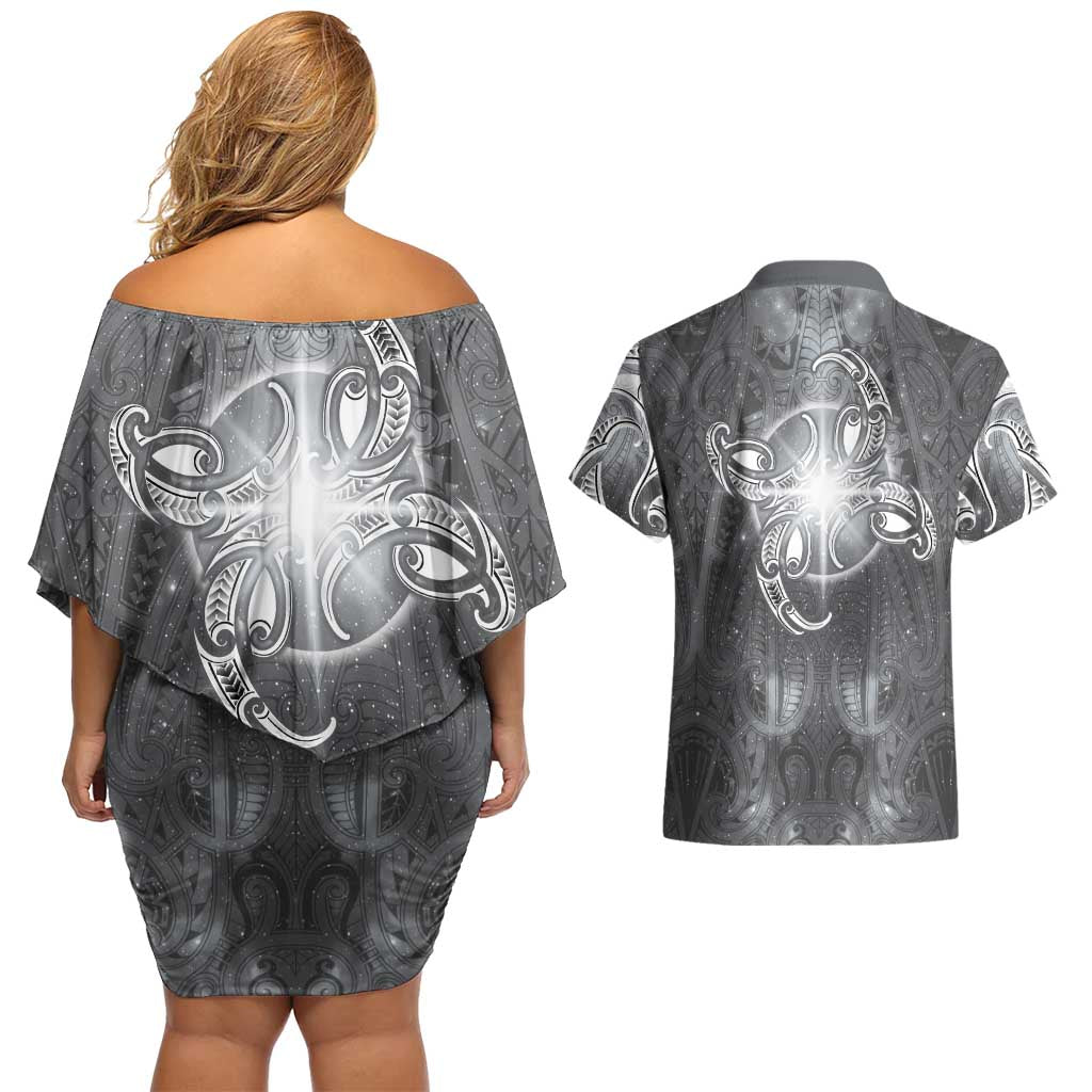 New Zealand Matariki Ururangi Couples Matching Off Shoulder Short Dress and Hawaiian Shirt Maori Moko Grey Galaxy LT05 - Polynesian Pride