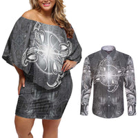New Zealand Matariki Ururangi Couples Matching Off Shoulder Short Dress and Long Sleeve Button Shirt Maori Moko Grey Galaxy LT05 Grey - Polynesian Pride