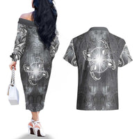 New Zealand Matariki Ururangi Couples Matching Off The Shoulder Long Sleeve Dress and Hawaiian Shirt Maori Moko Grey Galaxy LT05 - Polynesian Pride