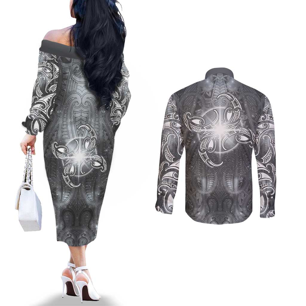 New Zealand Matariki Ururangi Couples Matching Off The Shoulder Long Sleeve Dress and Long Sleeve Button Shirt Maori Moko Grey Galaxy LT05 - Polynesian Pride