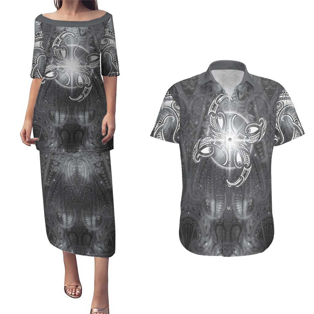 New Zealand Matariki Ururangi Couples Matching Puletasi and Hawaiian Shirt Maori Moko Grey Galaxy LT05 Grey - Polynesian Pride