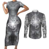 New Zealand Matariki Ururangi Couples Matching Short Sleeve Bodycon Dress and Long Sleeve Button Shirt Maori Moko Grey Galaxy LT05 Grey - Polynesian Pride
