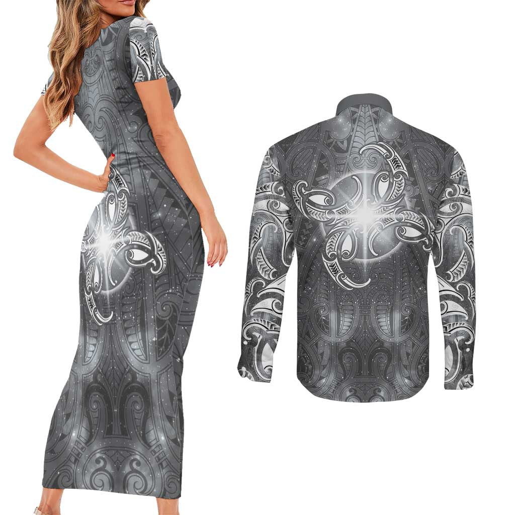 New Zealand Matariki Ururangi Couples Matching Short Sleeve Bodycon Dress and Long Sleeve Button Shirt Maori Moko Grey Galaxy LT05 - Polynesian Pride