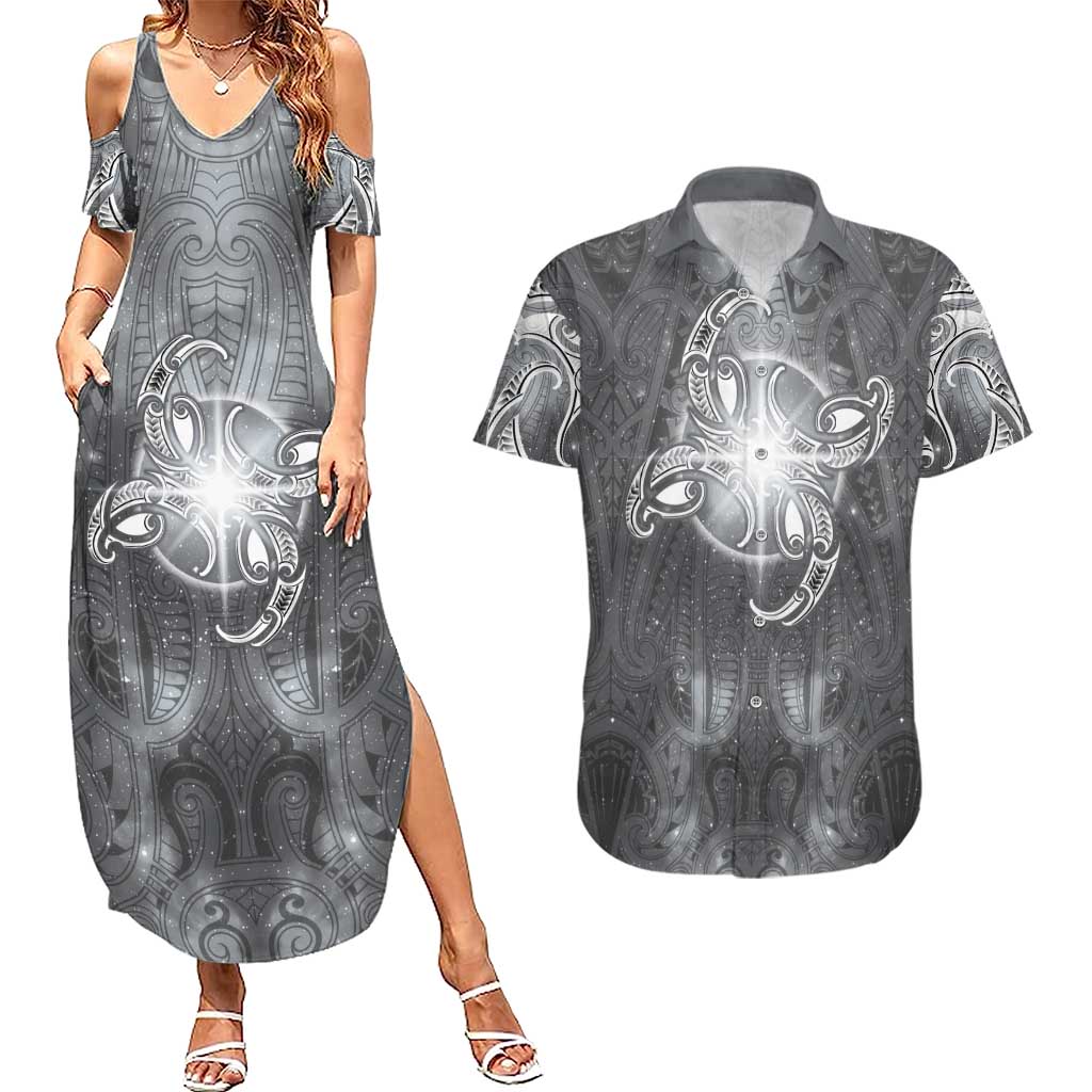 New Zealand Matariki Ururangi Couples Matching Summer Maxi Dress and Hawaiian Shirt Maori Moko Grey Galaxy LT05 Grey - Polynesian Pride