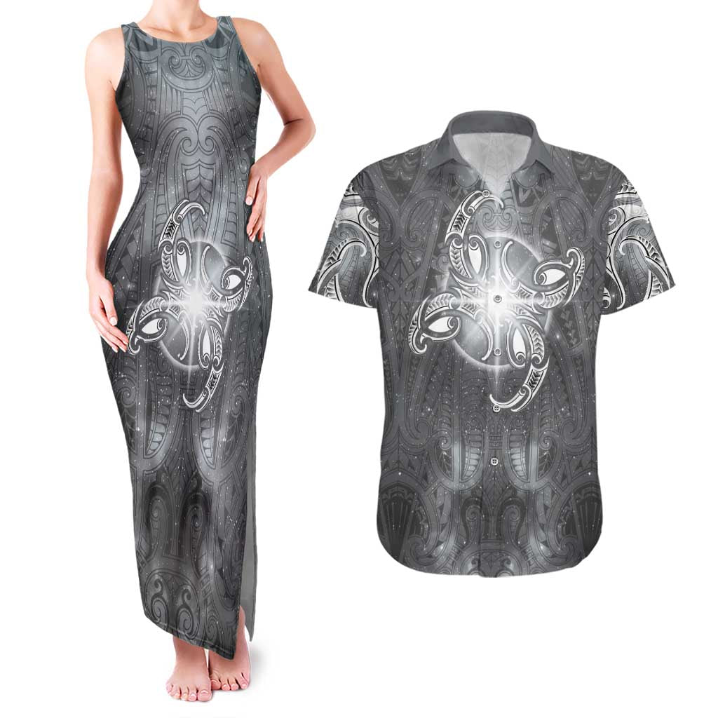 New Zealand Matariki Ururangi Couples Matching Tank Maxi Dress and Hawaiian Shirt Maori Moko Grey Galaxy LT05 Grey - Polynesian Pride