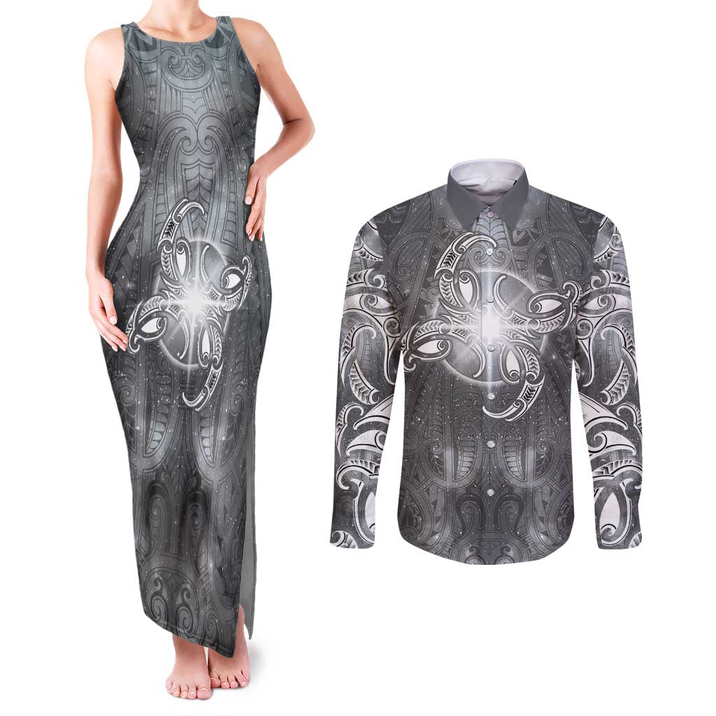 New Zealand Matariki Ururangi Couples Matching Tank Maxi Dress and Long Sleeve Button Shirt Maori Moko Grey Galaxy LT05 Grey - Polynesian Pride